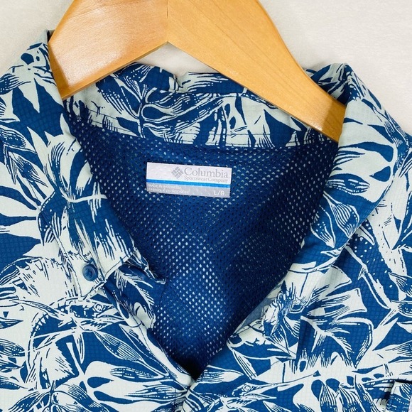 Columbia PFG Blue Palm Leaf Fish Print Short Sleeve Fishing Shirt Size Large - Picture 3 of 5